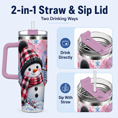 #pl[40oz|Pink] Snowman Cardinal 40oz Tumbler with Handle, Plaid Winter Travel Cup
