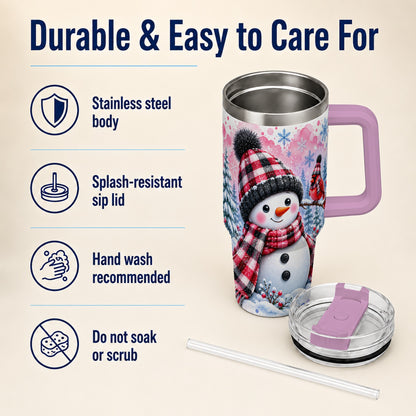 #pl[40oz|Pink] Snowman Cardinal 40oz Tumbler with Handle, Plaid Winter Travel Cup