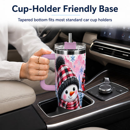 #pl[40oz|Pink] Snowman Cardinal 40oz Tumbler with Handle, Plaid Winter Travel Cup