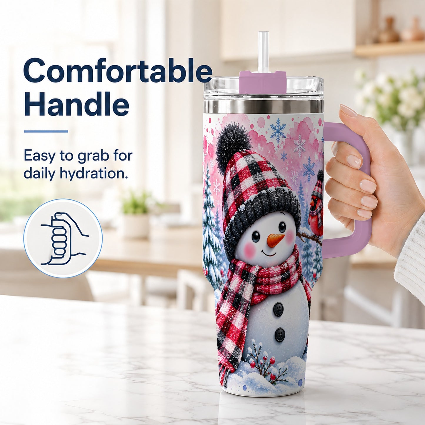 #pl[40oz|Pink] Snowman Cardinal 40oz Tumbler with Handle, Plaid Winter Travel Cup
