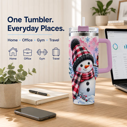 #pl[40oz|Pink] Snowman Cardinal 40oz Tumbler with Handle, Plaid Winter Travel Cup