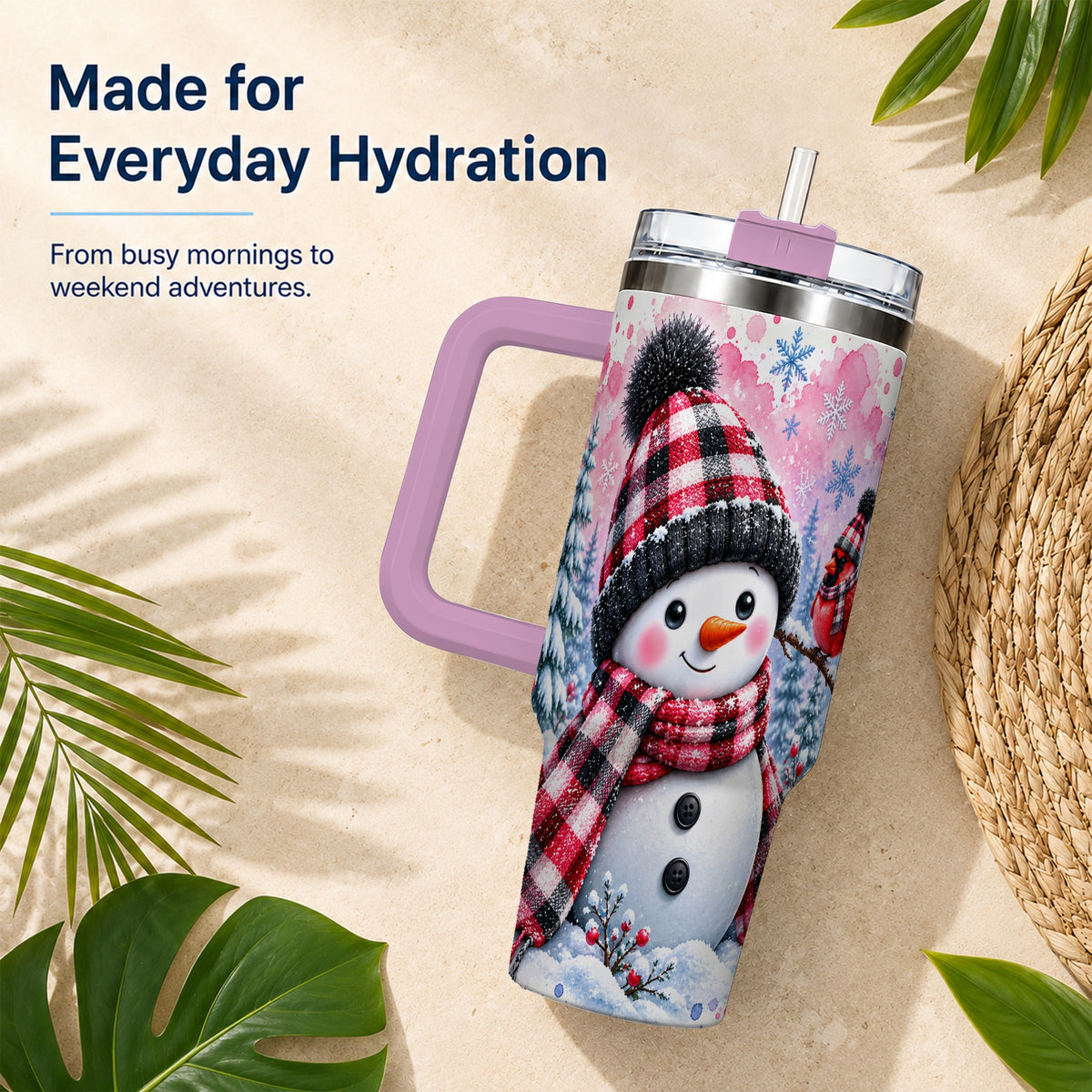#pl[40oz|Pink] Snowman Cardinal 40oz Tumbler with Handle, Plaid Winter Travel Cup