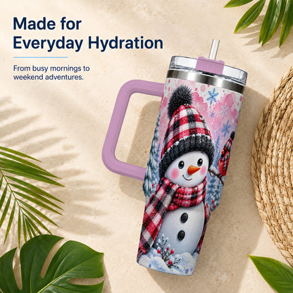 #pl[40oz|Pink] Snowman Cardinal 40oz Tumbler with Handle, Plaid Winter Travel Cup