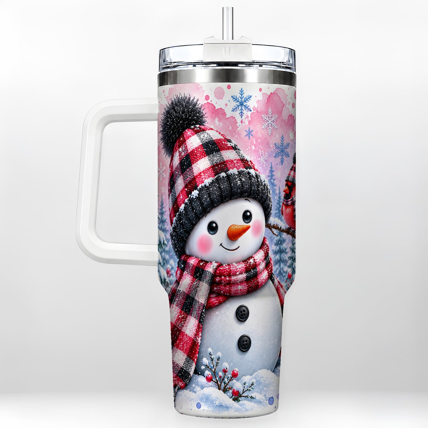 Snowman Cardinal 40oz Tumbler with Handle, Plaid Winter Travel Cup