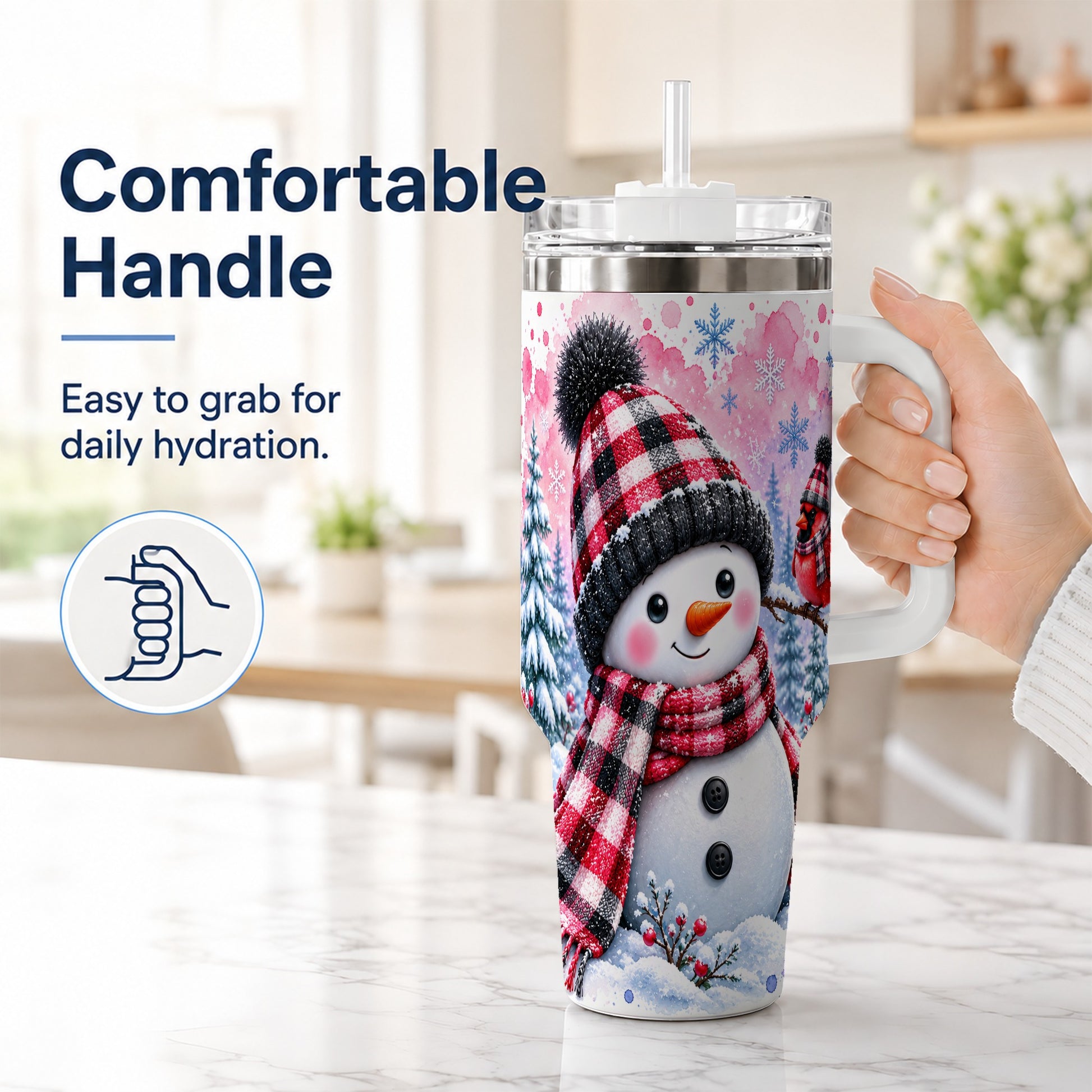 #pl[40oz|White] Snowman Cardinal 40oz Tumbler with Handle, Plaid Winter Travel Cup