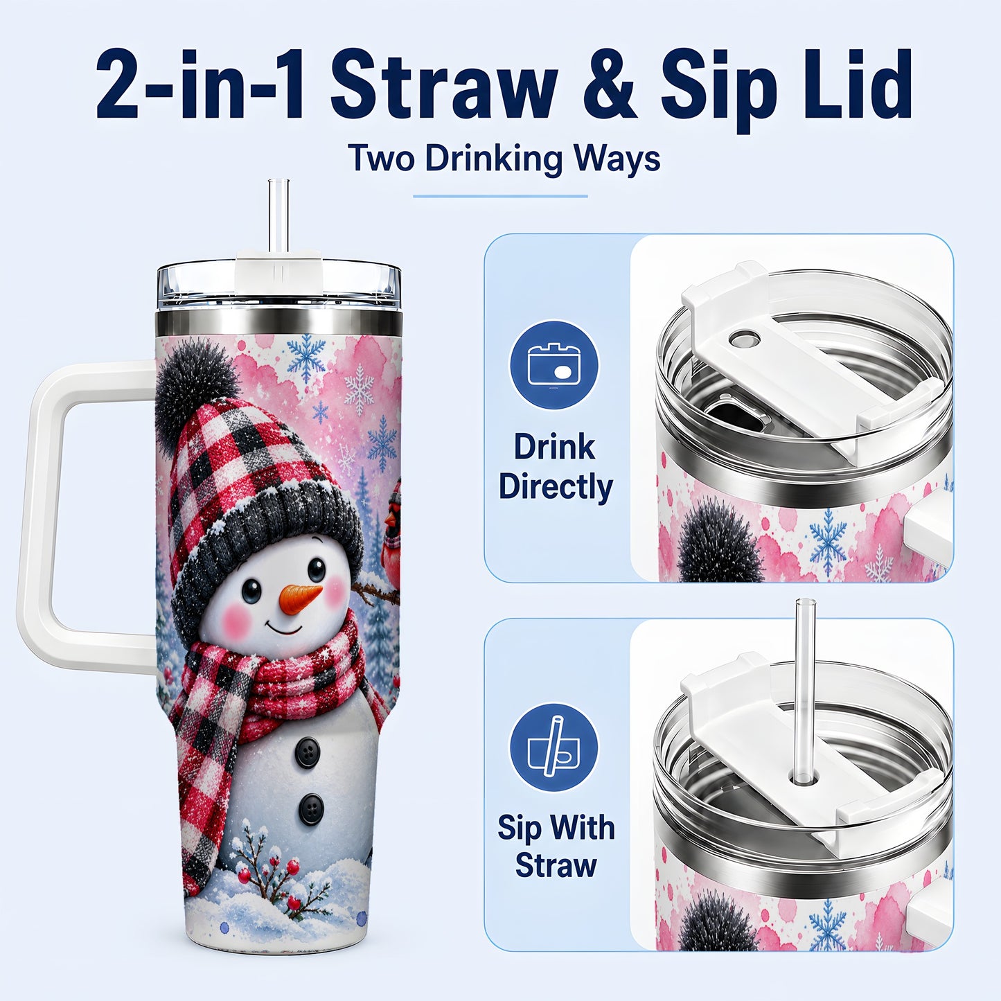#pl[40oz|White] Snowman Cardinal 40oz Tumbler with Handle, Plaid Winter Travel Cup
