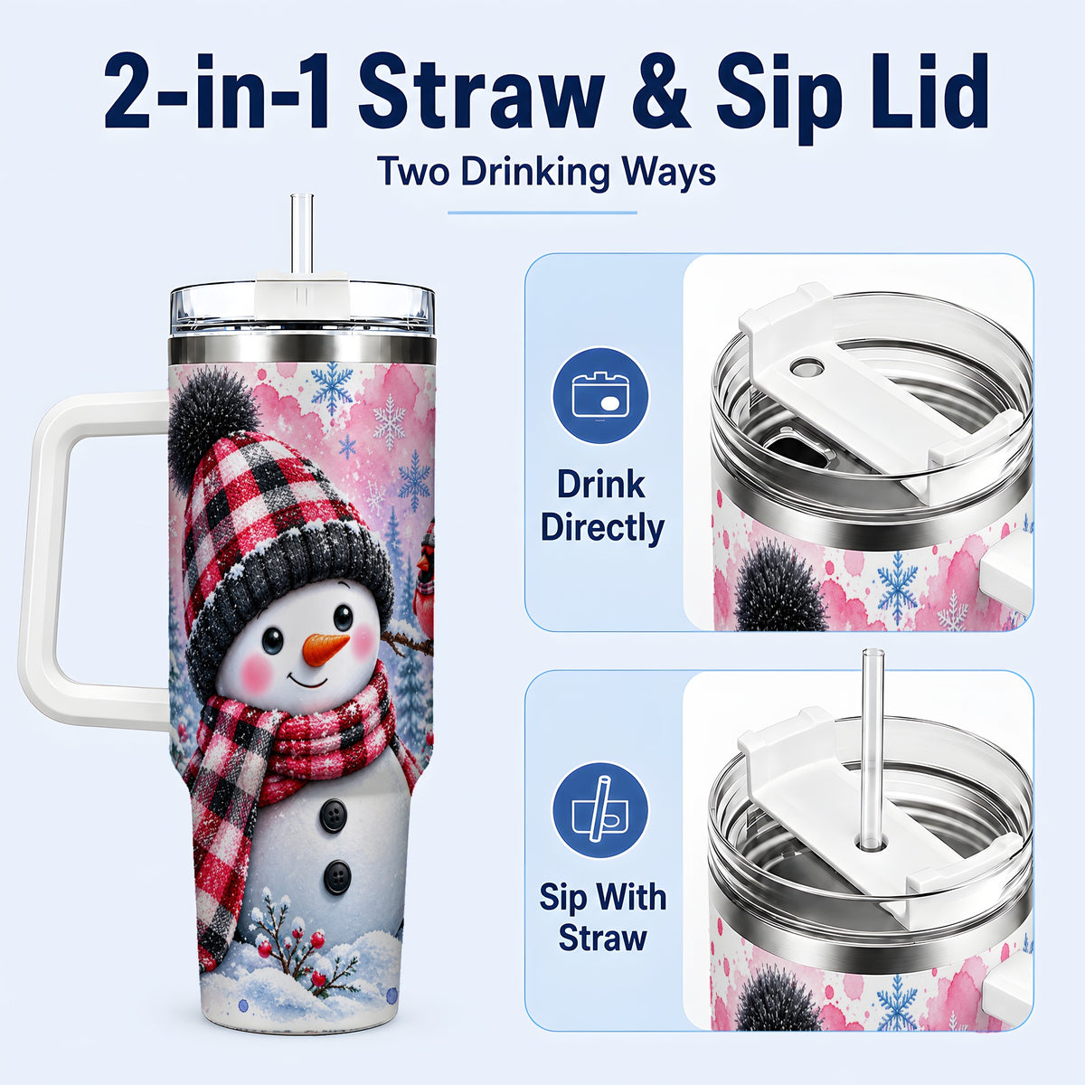 #pl[40oz|White] Snowman Cardinal 40oz Tumbler with Handle, Plaid Winter Travel Cup