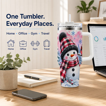 #pl[40oz|White] Snowman Cardinal 40oz Tumbler with Handle, Plaid Winter Travel Cup