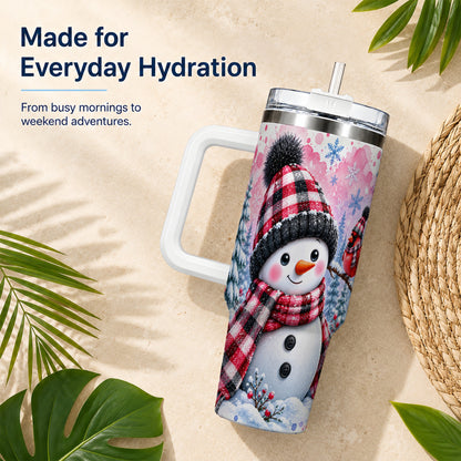 #pl[40oz|White] Snowman Cardinal 40oz Tumbler with Handle, Plaid Winter Travel Cup