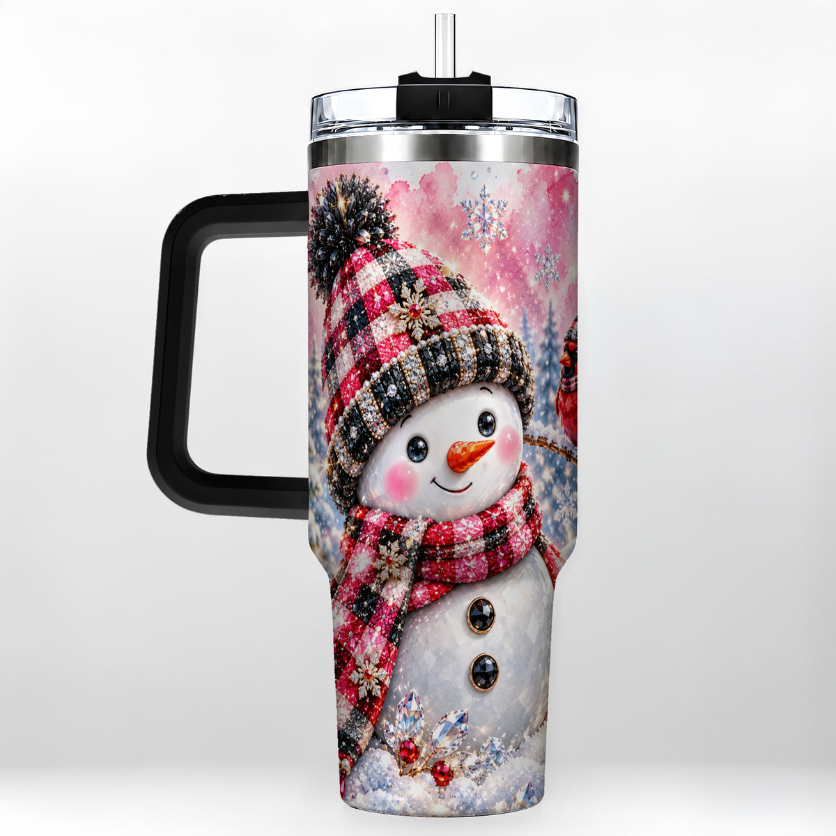 #pl[40oz|Black] Jeweled Snowman 40oz Tumbler with Handle, Cardinal Winter Travel Cup