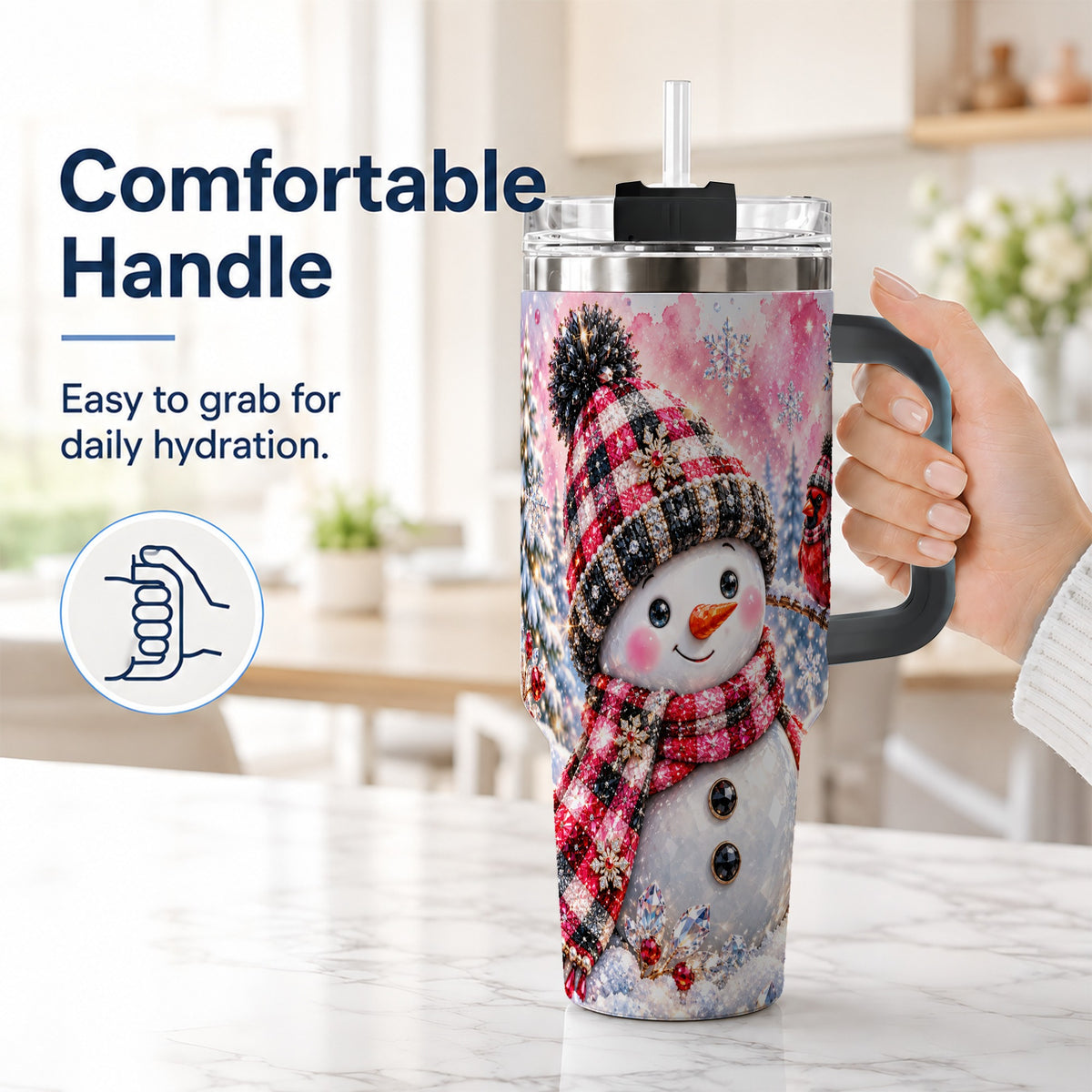 #pl[40oz|Black] Jeweled Snowman 40oz Tumbler with Handle, Cardinal Winter Travel Cup