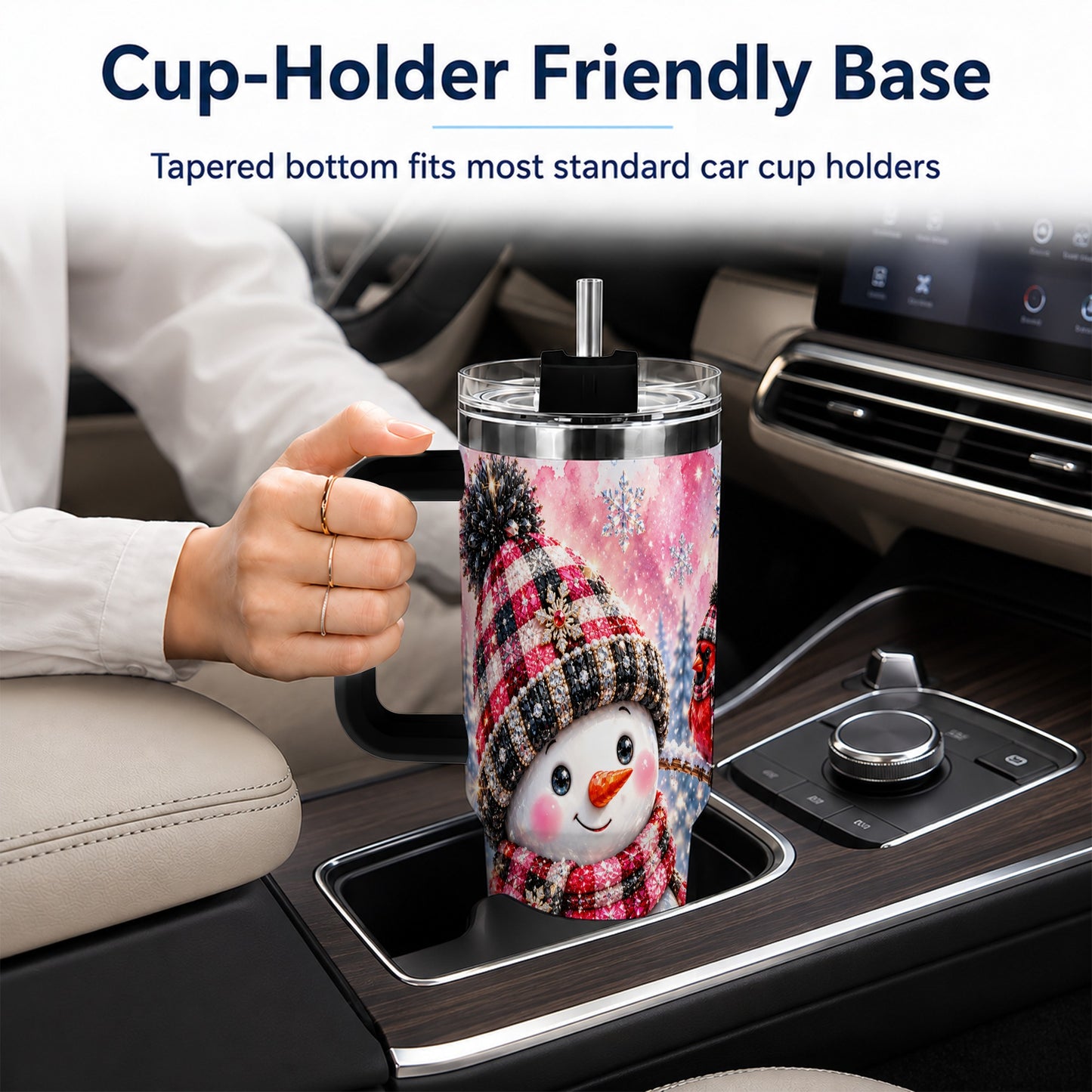 #pl[40oz|Black] Jeweled Snowman 40oz Tumbler with Handle, Cardinal Winter Travel Cup
