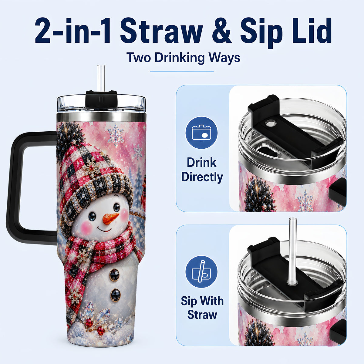 #pl[40oz|Black] Jeweled Snowman 40oz Tumbler with Handle, Cardinal Winter Travel Cup