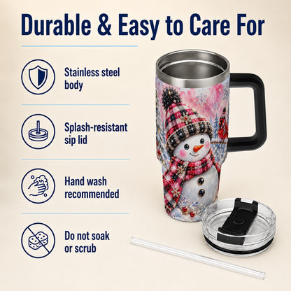 #pl[40oz|Black] Jeweled Snowman 40oz Tumbler with Handle, Cardinal Winter Travel Cup