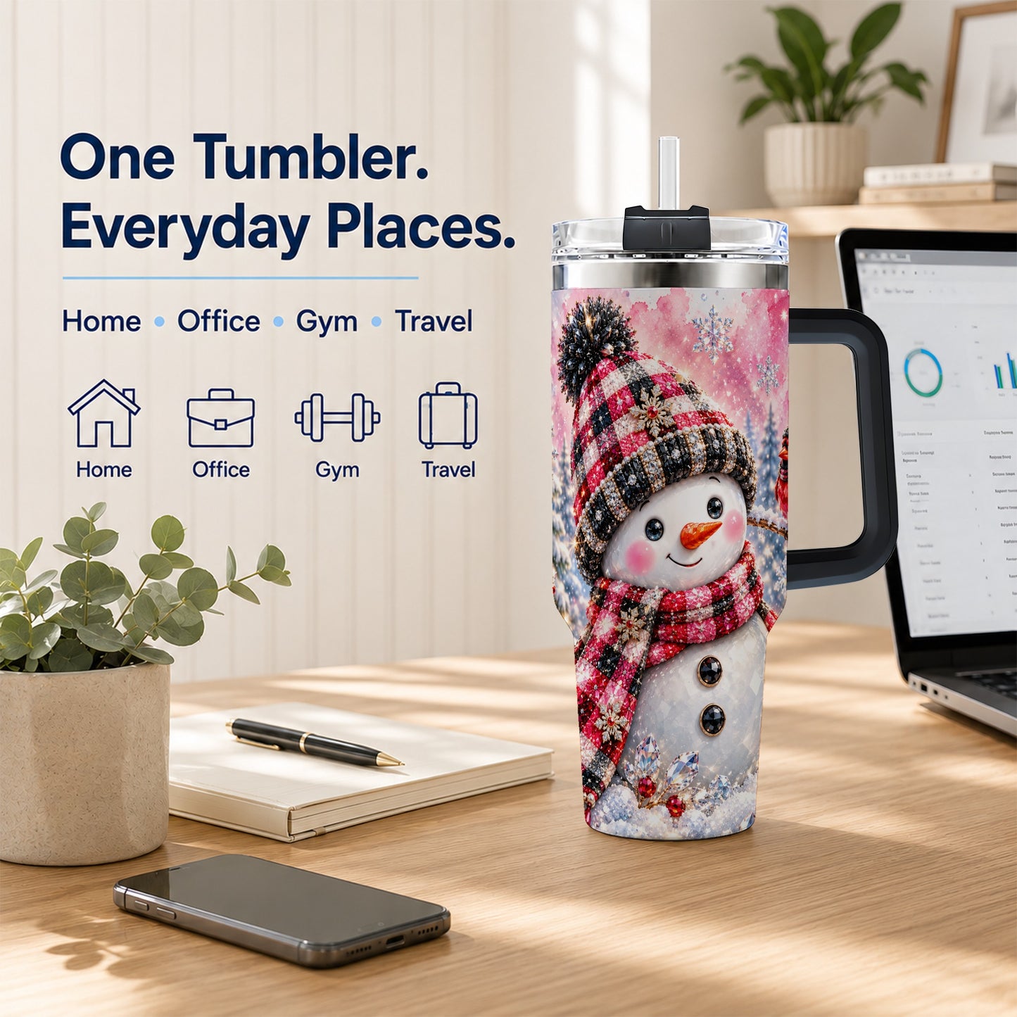 #pl[40oz|Black] Jeweled Snowman 40oz Tumbler with Handle, Cardinal Winter Travel Cup