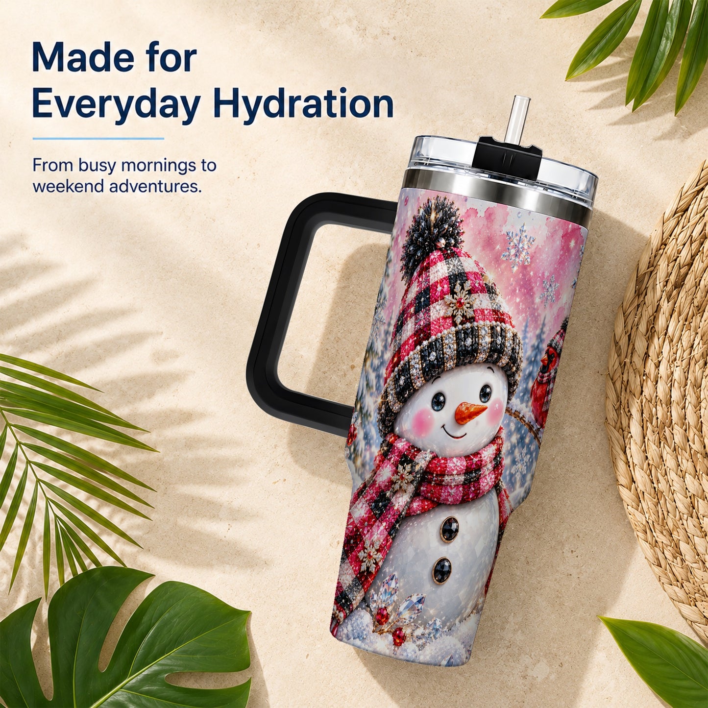 #pl[40oz|Black] Jeweled Snowman 40oz Tumbler with Handle, Cardinal Winter Travel Cup