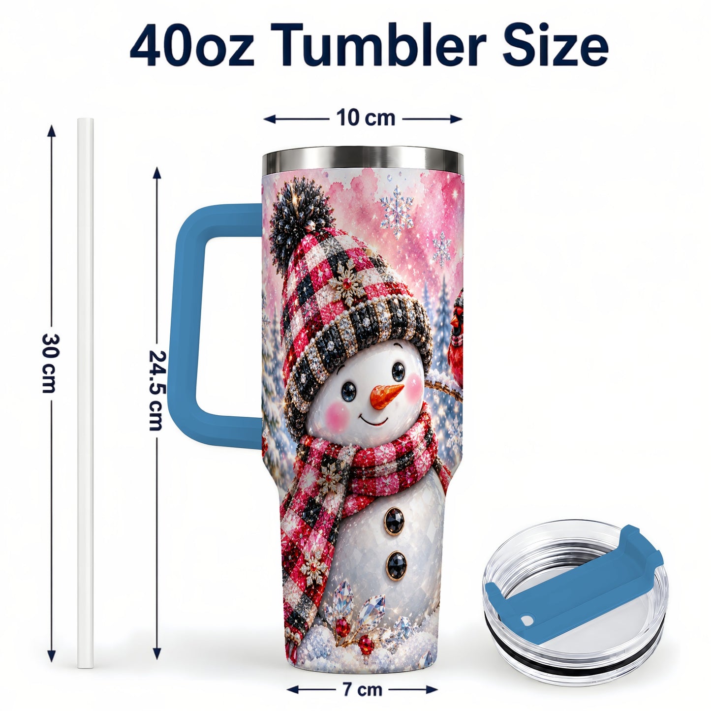 #pl[40oz|Blue] Jeweled Snowman 40oz Tumbler with Handle, Cardinal Winter Travel Cup