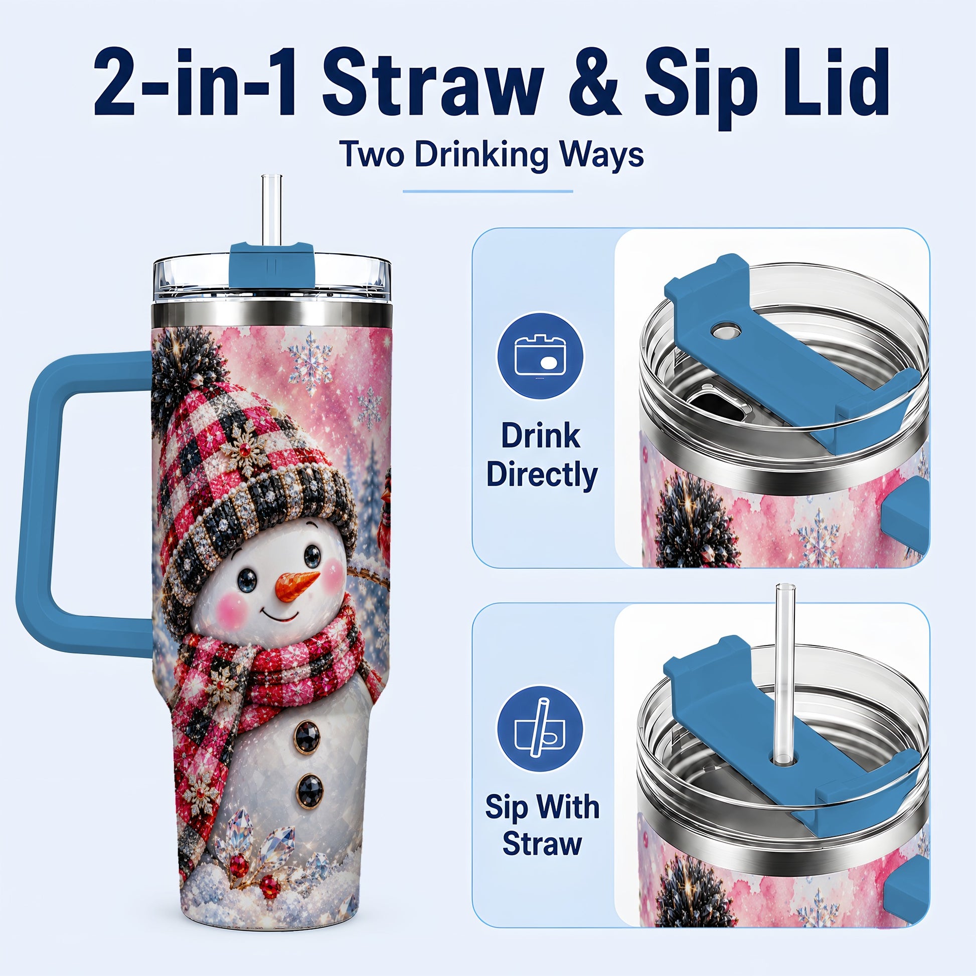 #pl[40oz|Blue] Jeweled Snowman 40oz Tumbler with Handle, Cardinal Winter Travel Cup