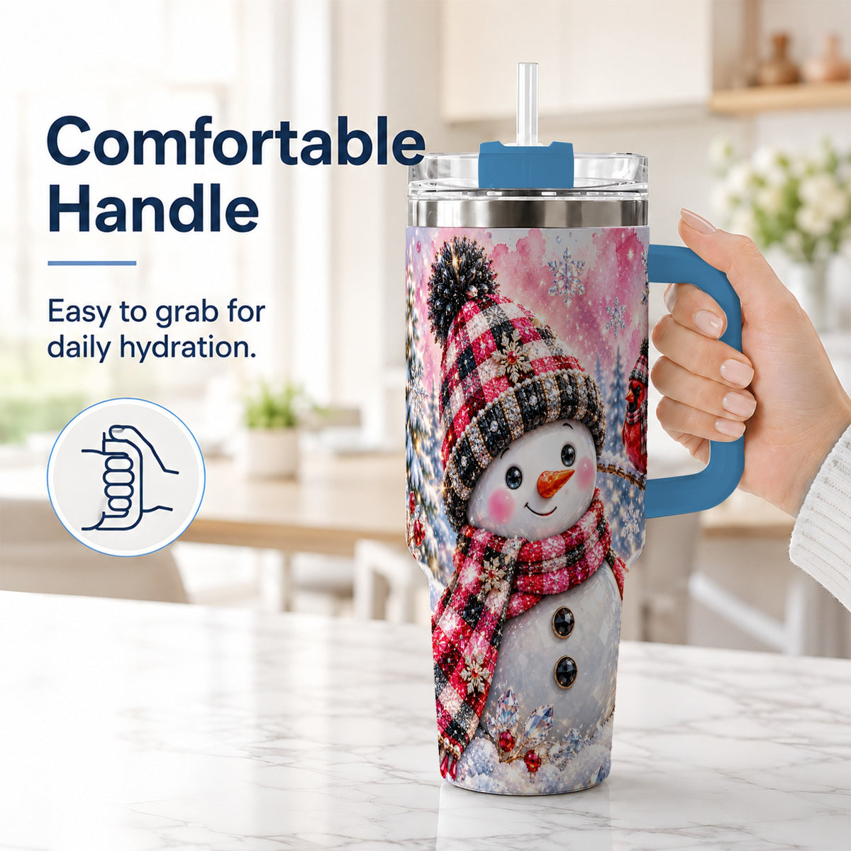 #pl[40oz|Blue] Jeweled Snowman 40oz Tumbler with Handle, Cardinal Winter Travel Cup