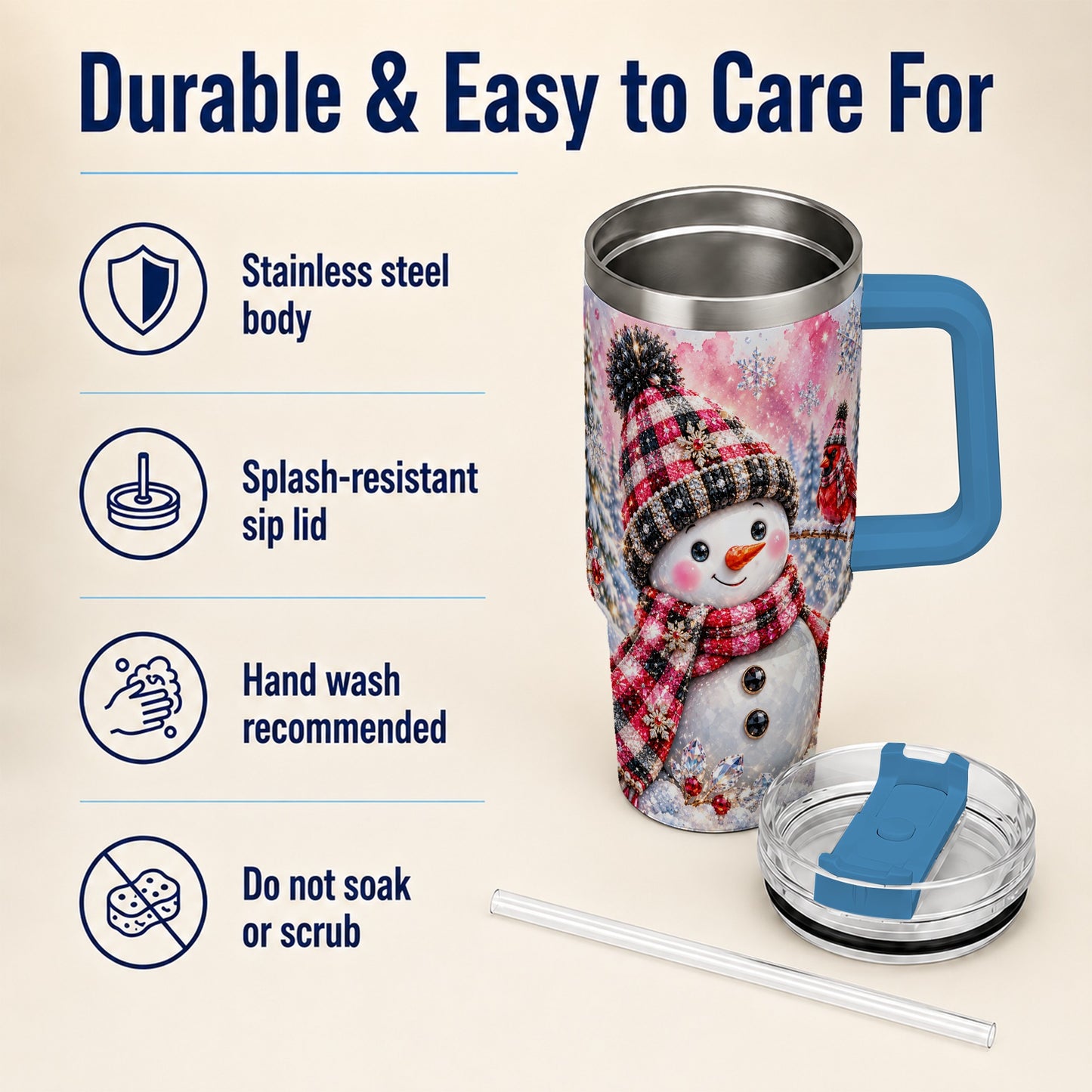 #pl[40oz|Blue] Jeweled Snowman 40oz Tumbler with Handle, Cardinal Winter Travel Cup