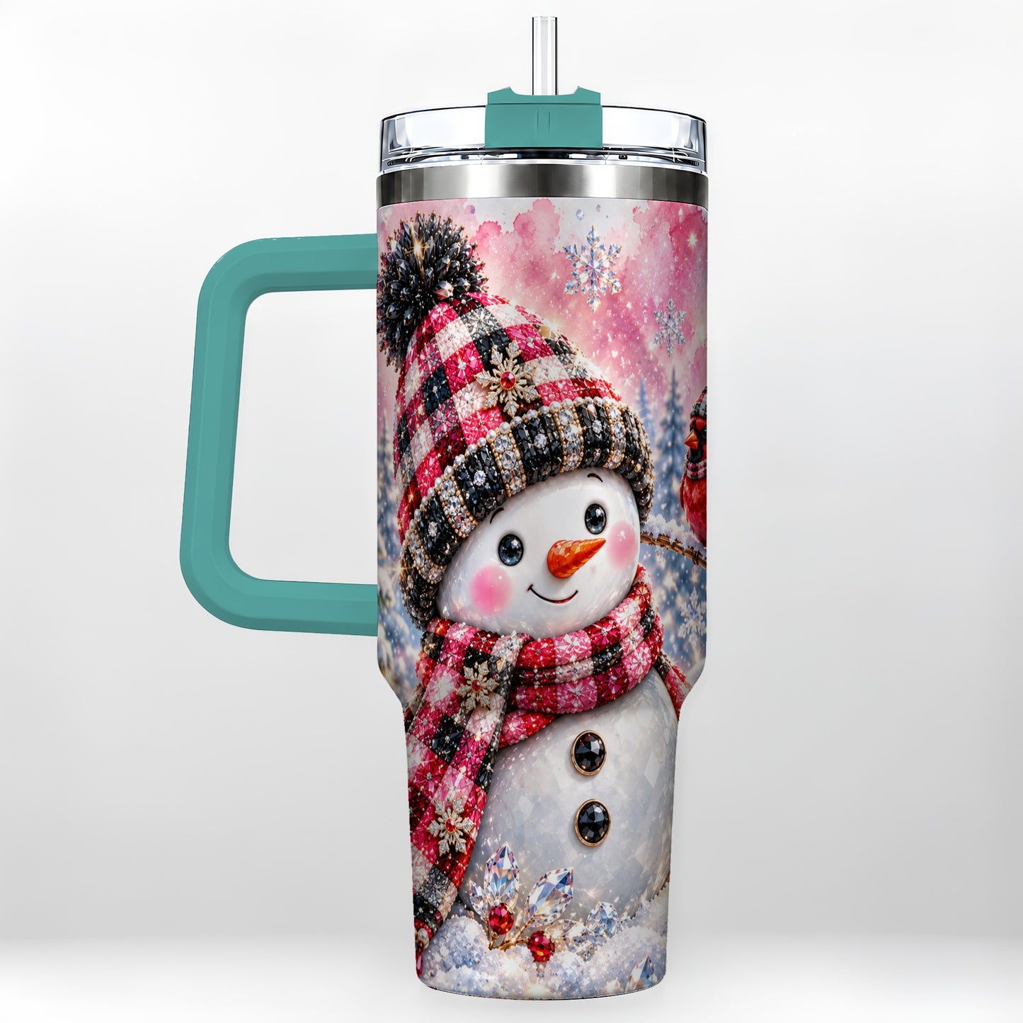 #pl[40oz|Green] Jeweled Snowman 40oz Tumbler with Handle, Cardinal Winter Travel Cup