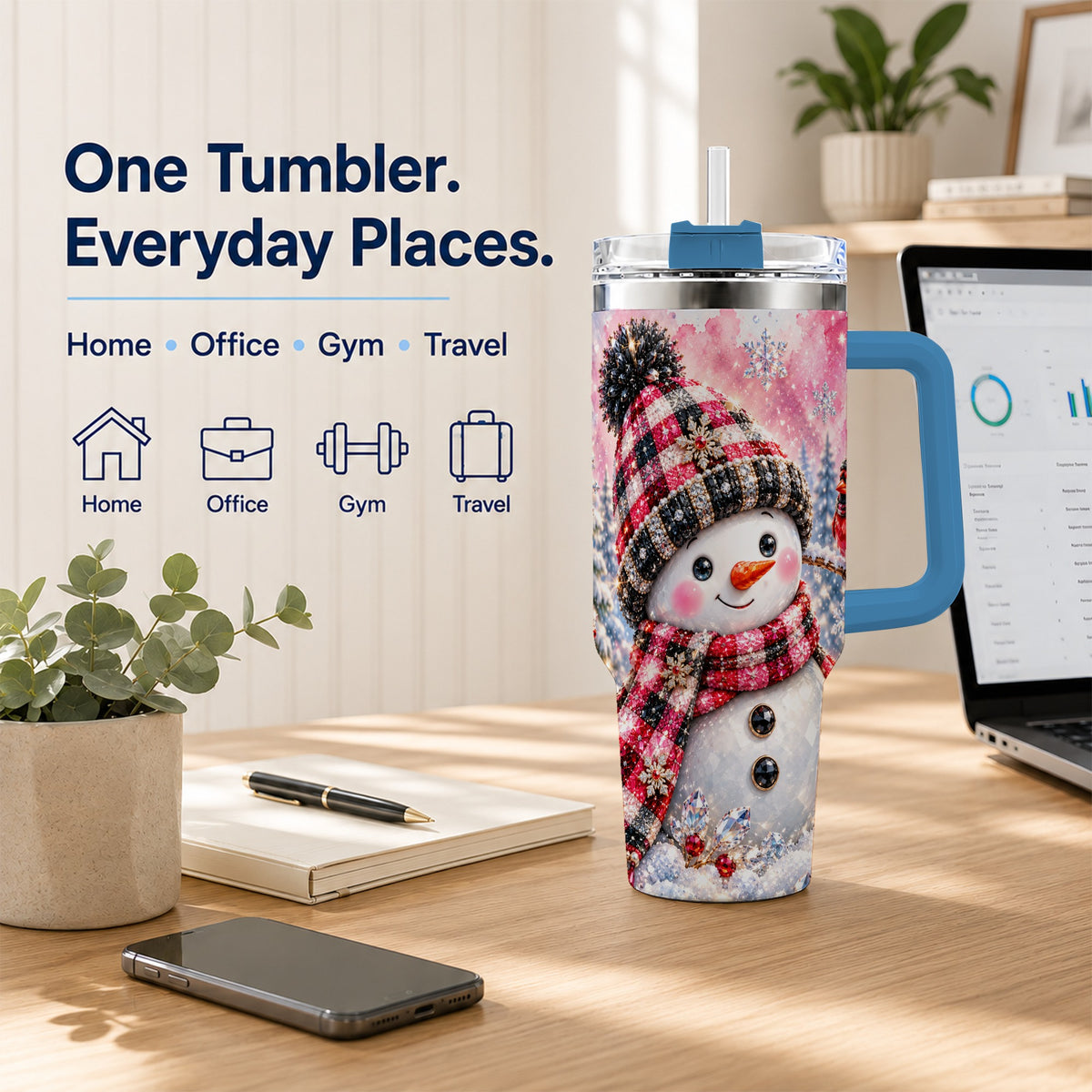#pl[40oz|Blue] Jeweled Snowman 40oz Tumbler with Handle, Cardinal Winter Travel Cup