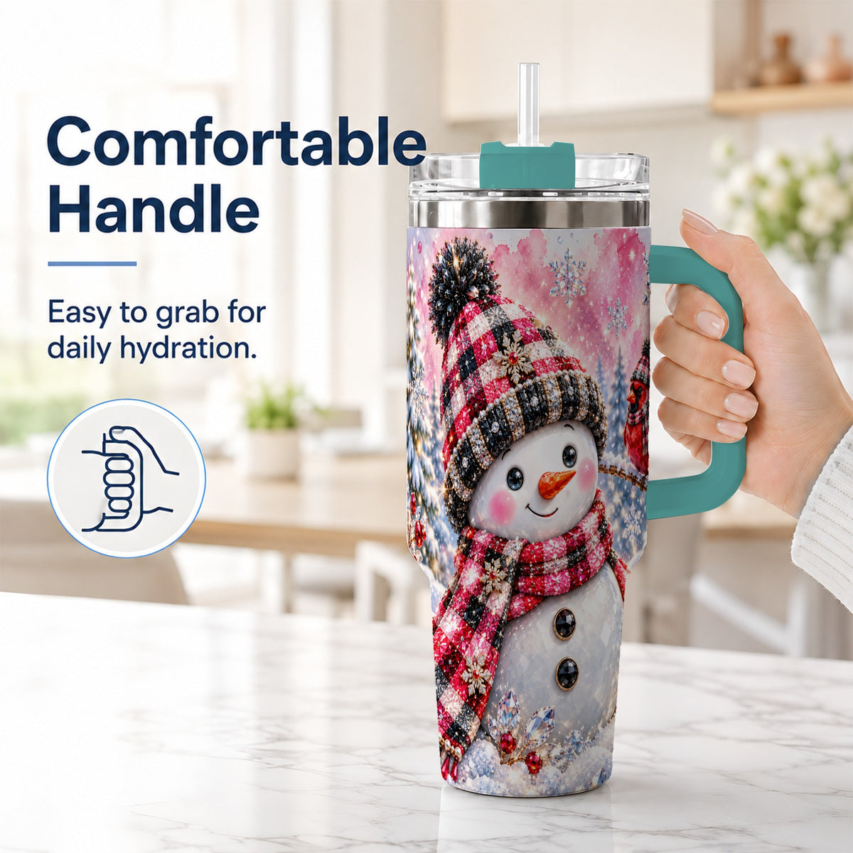 #pl[40oz|Green] Jeweled Snowman 40oz Tumbler with Handle, Cardinal Winter Travel Cup