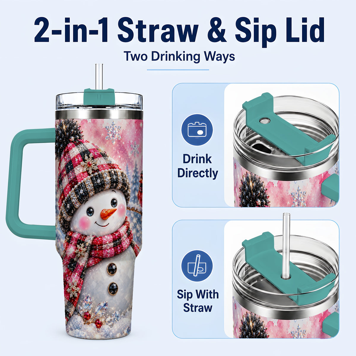 #pl[40oz|Green] Jeweled Snowman 40oz Tumbler with Handle, Cardinal Winter Travel Cup