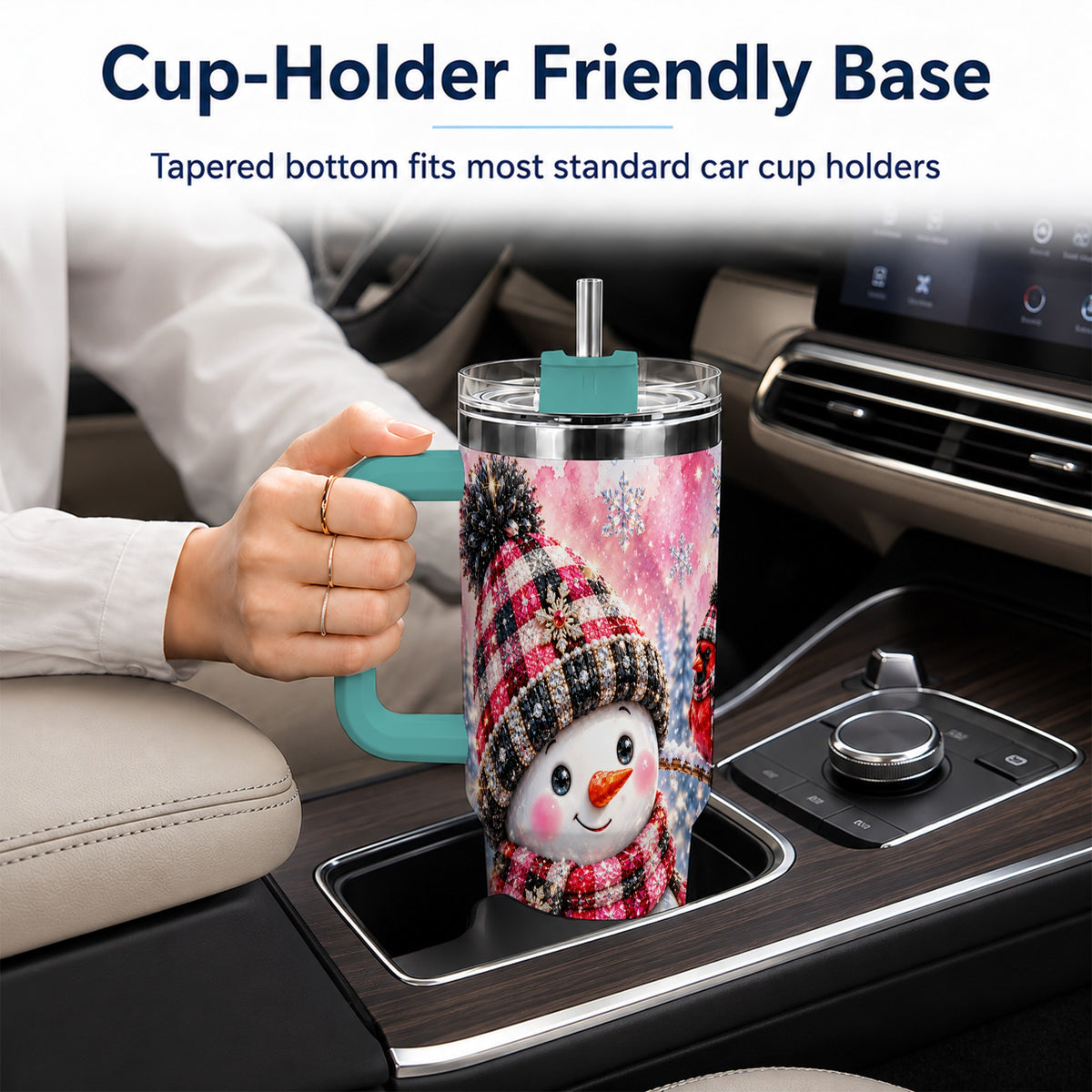#pl[40oz|Green] Jeweled Snowman 40oz Tumbler with Handle, Cardinal Winter Travel Cup