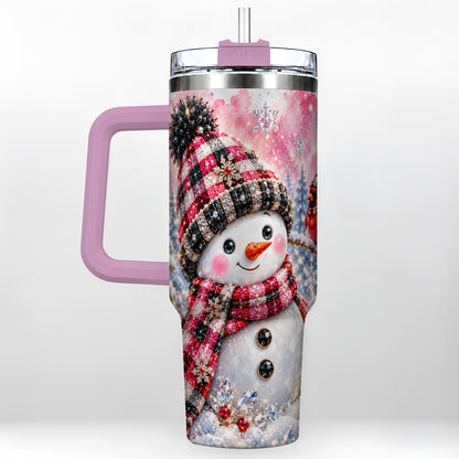 #pl[40oz|Pink] Jeweled Snowman 40oz Tumbler with Handle, Cardinal Winter Travel Cup