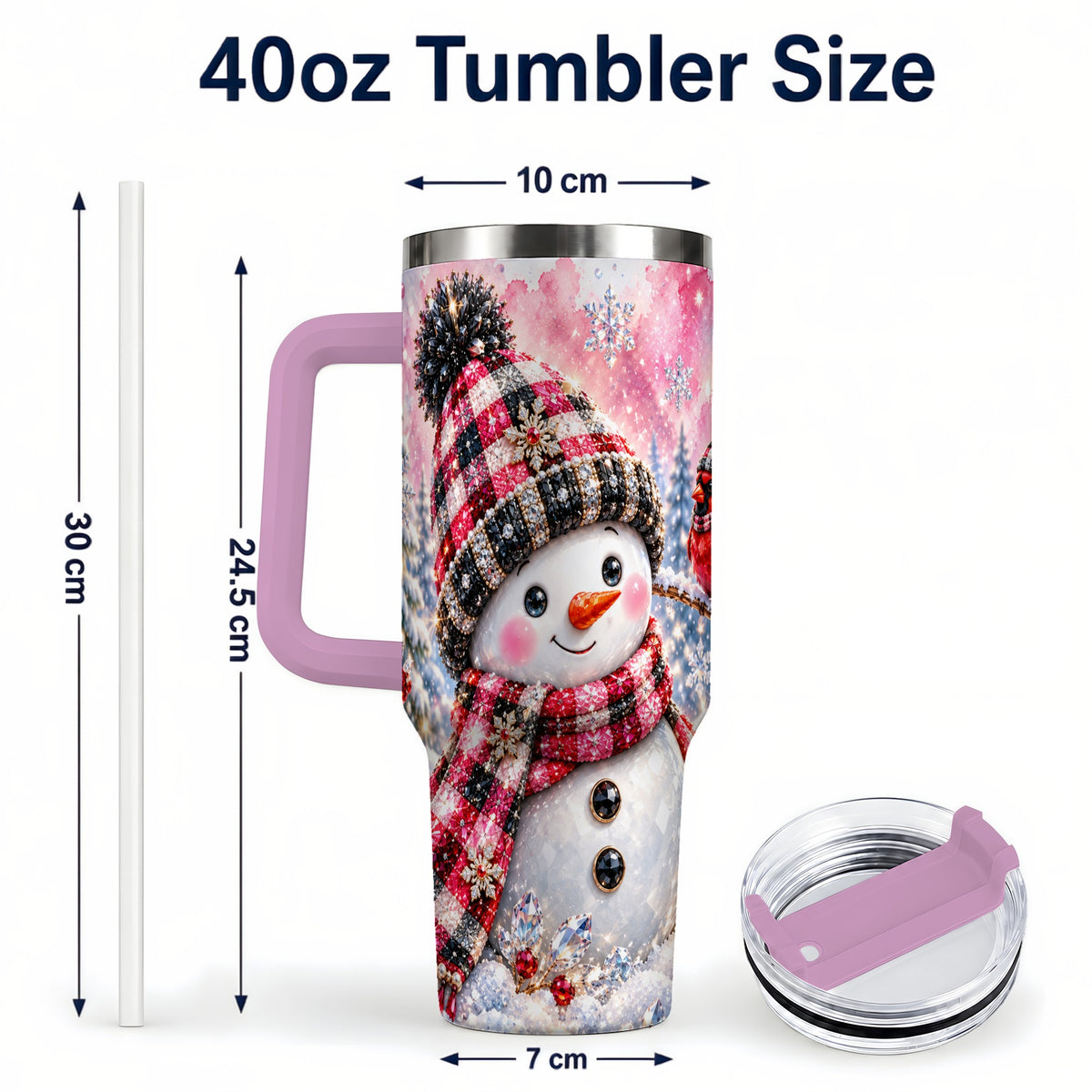 #pl[40oz|Pink] Jeweled Snowman 40oz Tumbler with Handle, Cardinal Winter Travel Cup