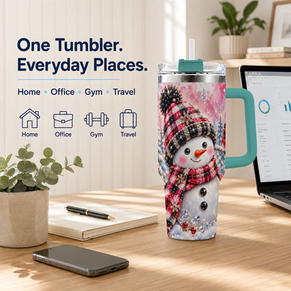 #pl[40oz|Green] Jeweled Snowman 40oz Tumbler with Handle, Cardinal Winter Travel Cup