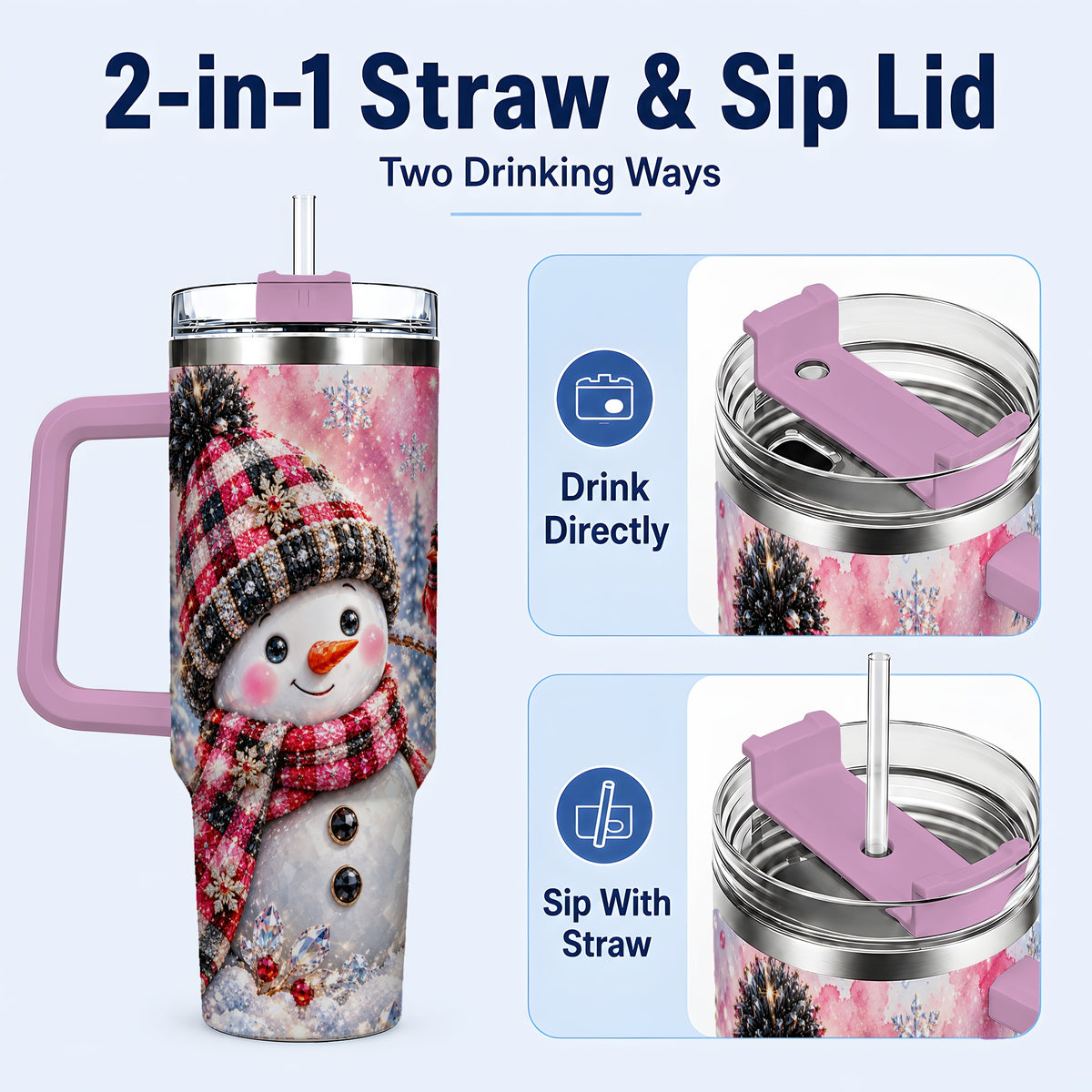 #pl[40oz|Pink] Jeweled Snowman 40oz Tumbler with Handle, Cardinal Winter Travel Cup