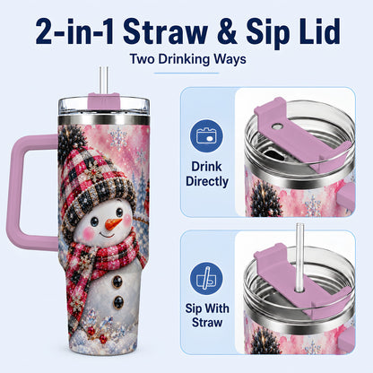 #pl[40oz|Pink] Jeweled Snowman 40oz Tumbler with Handle, Cardinal Winter Travel Cup