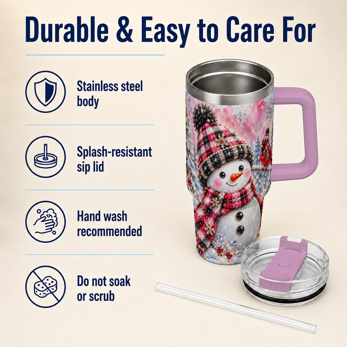#pl[40oz|Pink] Jeweled Snowman 40oz Tumbler with Handle, Cardinal Winter Travel Cup