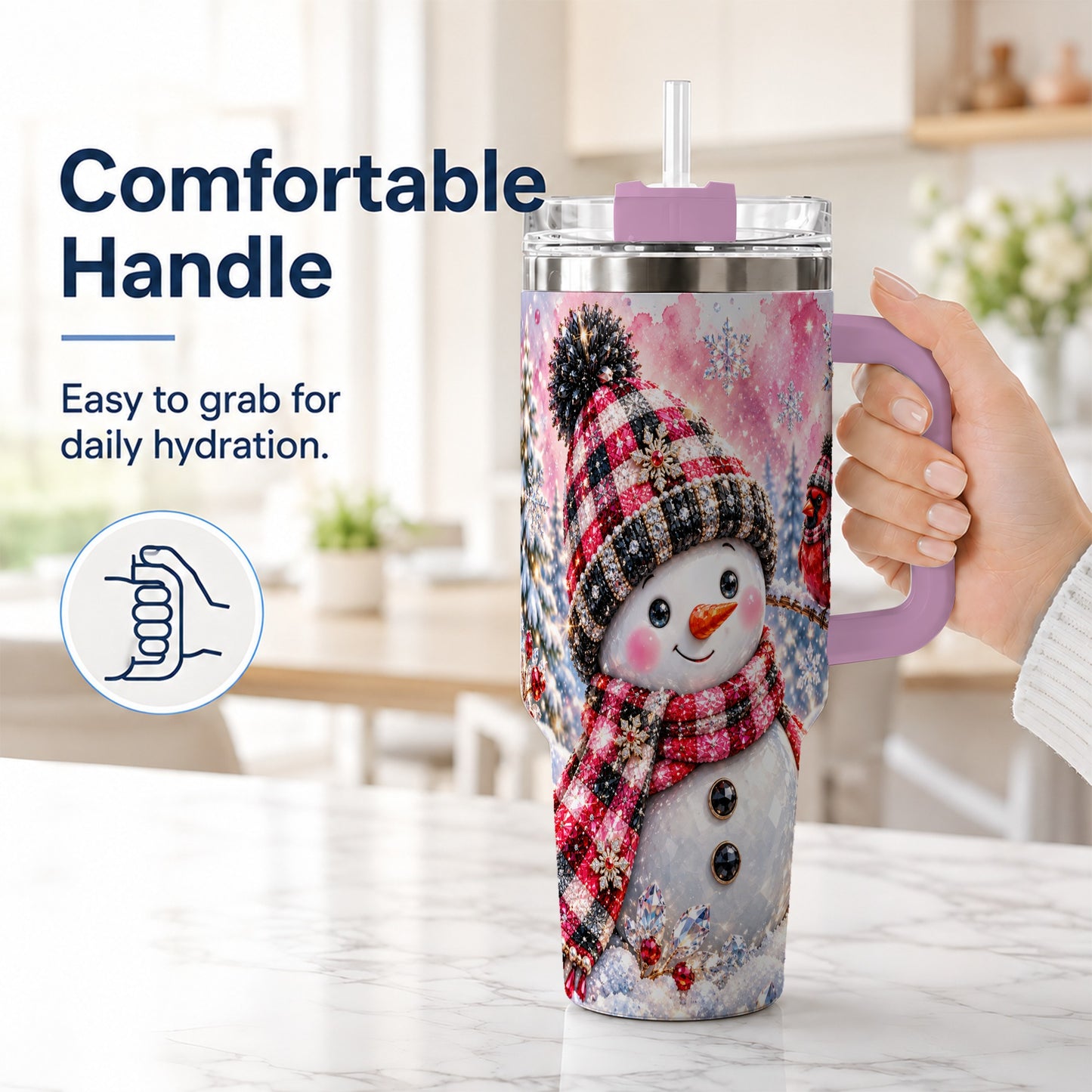 #pl[40oz|Pink] Jeweled Snowman 40oz Tumbler with Handle, Cardinal Winter Travel Cup