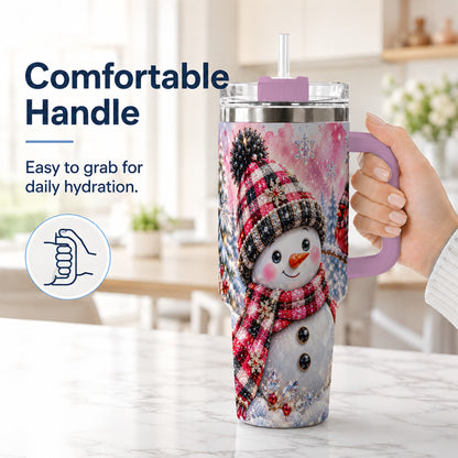 #pl[40oz|Pink] Jeweled Snowman 40oz Tumbler with Handle, Cardinal Winter Travel Cup