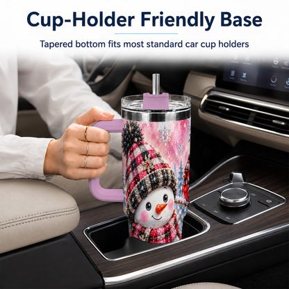 #pl[40oz|Pink] Jeweled Snowman 40oz Tumbler with Handle, Cardinal Winter Travel Cup