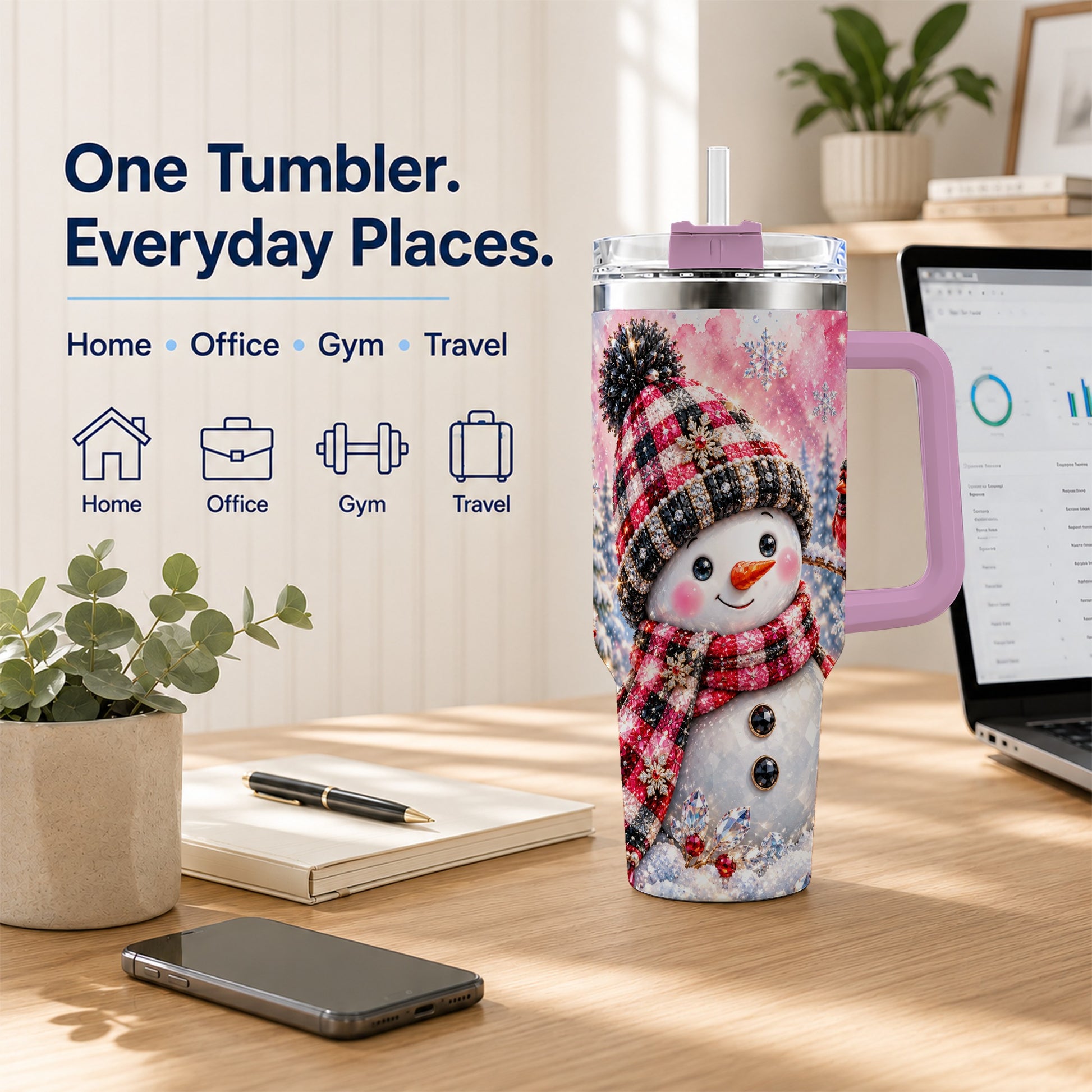 #pl[40oz|Pink] Jeweled Snowman 40oz Tumbler with Handle, Cardinal Winter Travel Cup