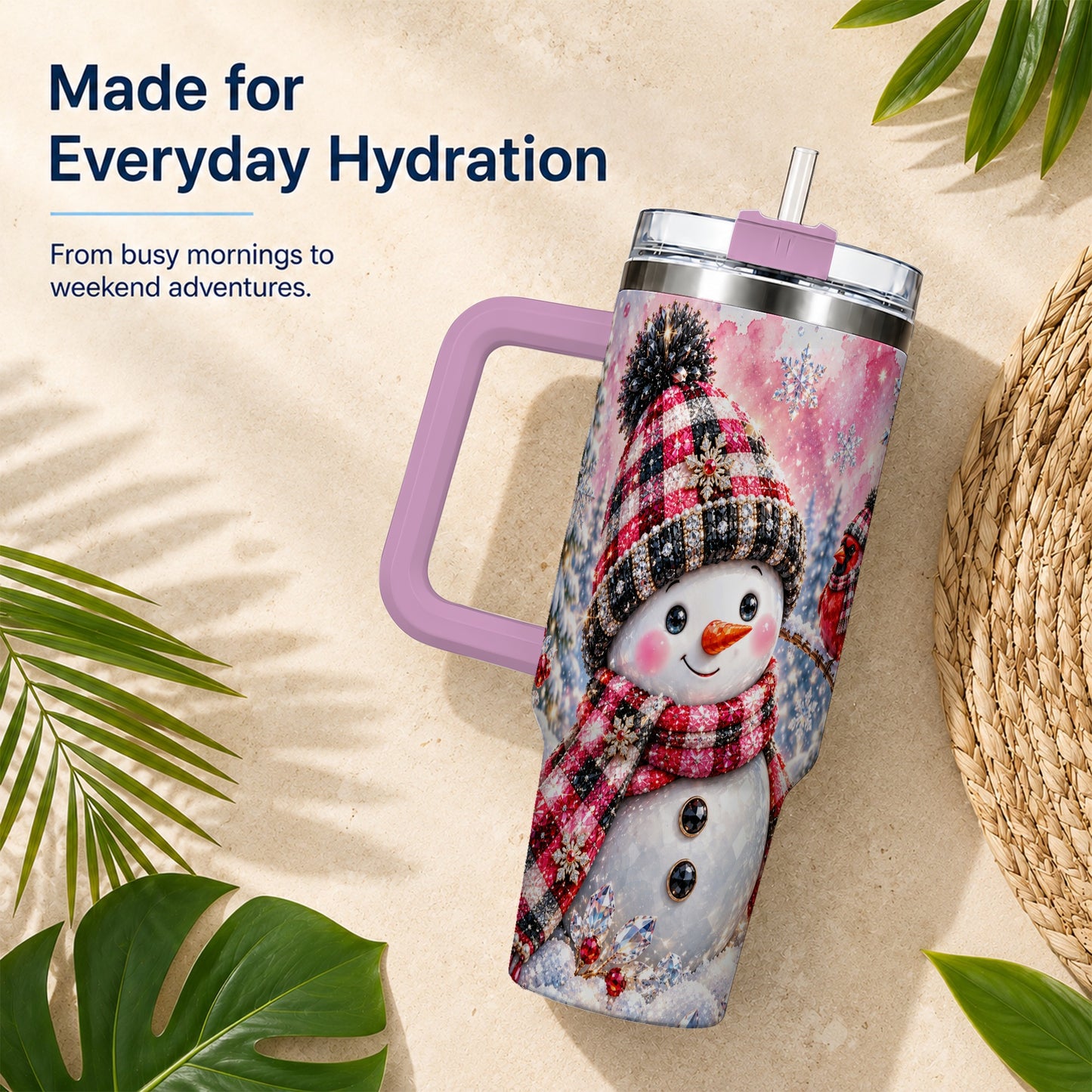 #pl[40oz|Pink] Jeweled Snowman 40oz Tumbler with Handle, Cardinal Winter Travel Cup