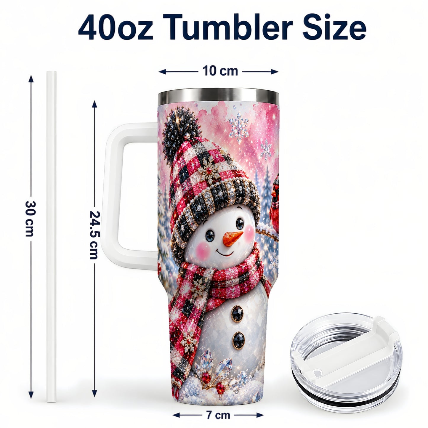 #pl[40oz|White] Jeweled Snowman 40oz Tumbler with Handle, Cardinal Winter Travel Cup