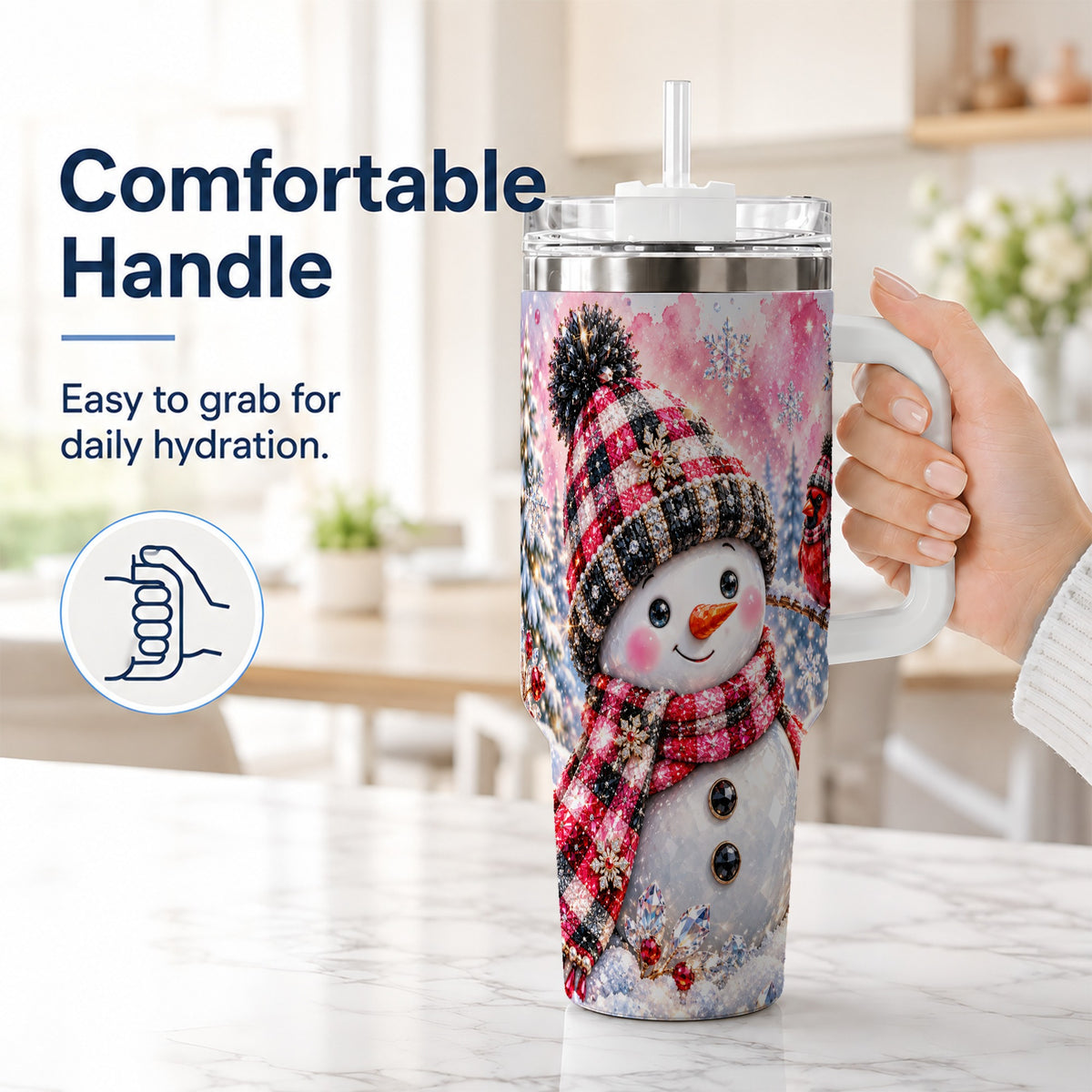 #pl[40oz|White] Jeweled Snowman 40oz Tumbler with Handle, Cardinal Winter Travel Cup