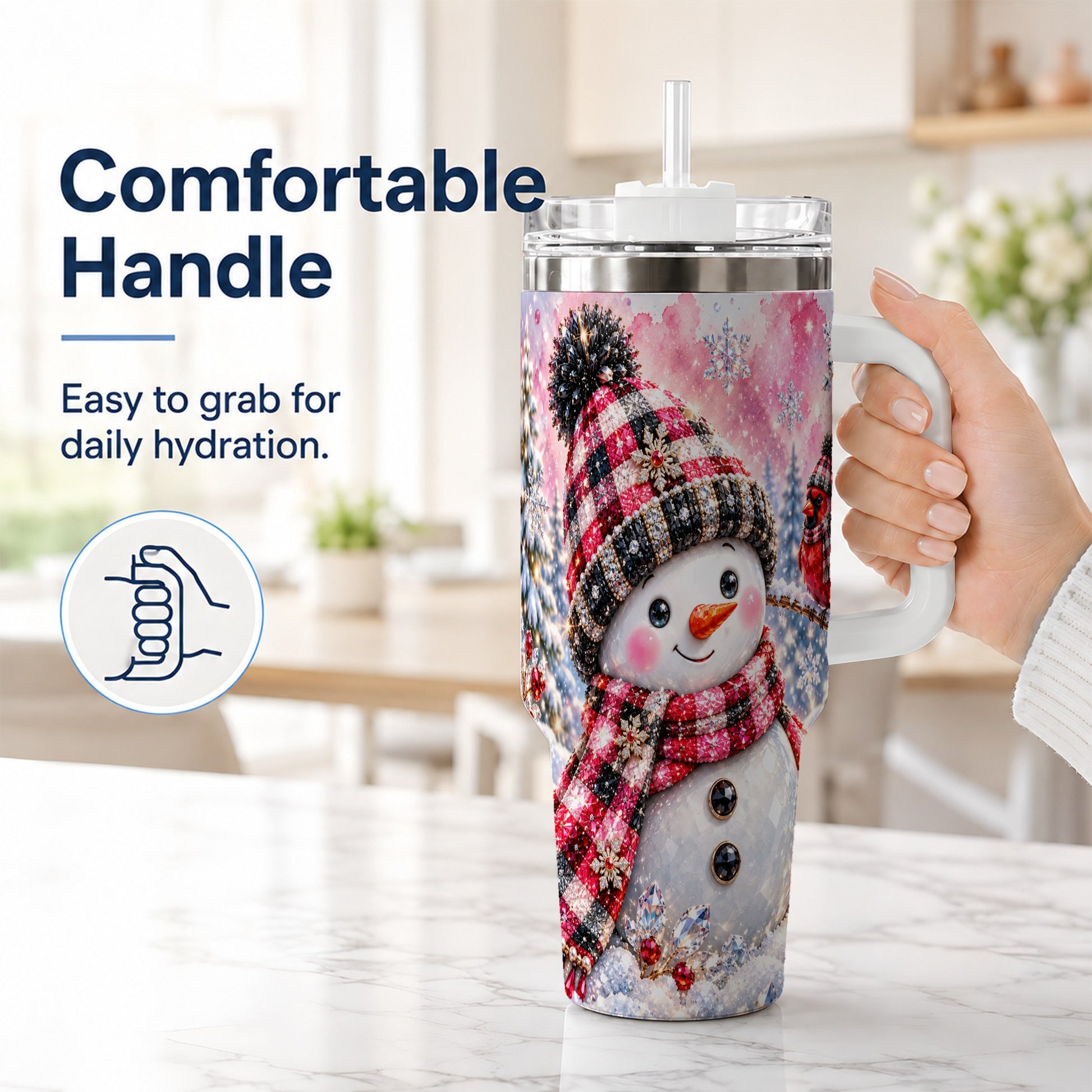 #pl[40oz|White] Jeweled Snowman 40oz Tumbler with Handle, Cardinal Winter Travel Cup