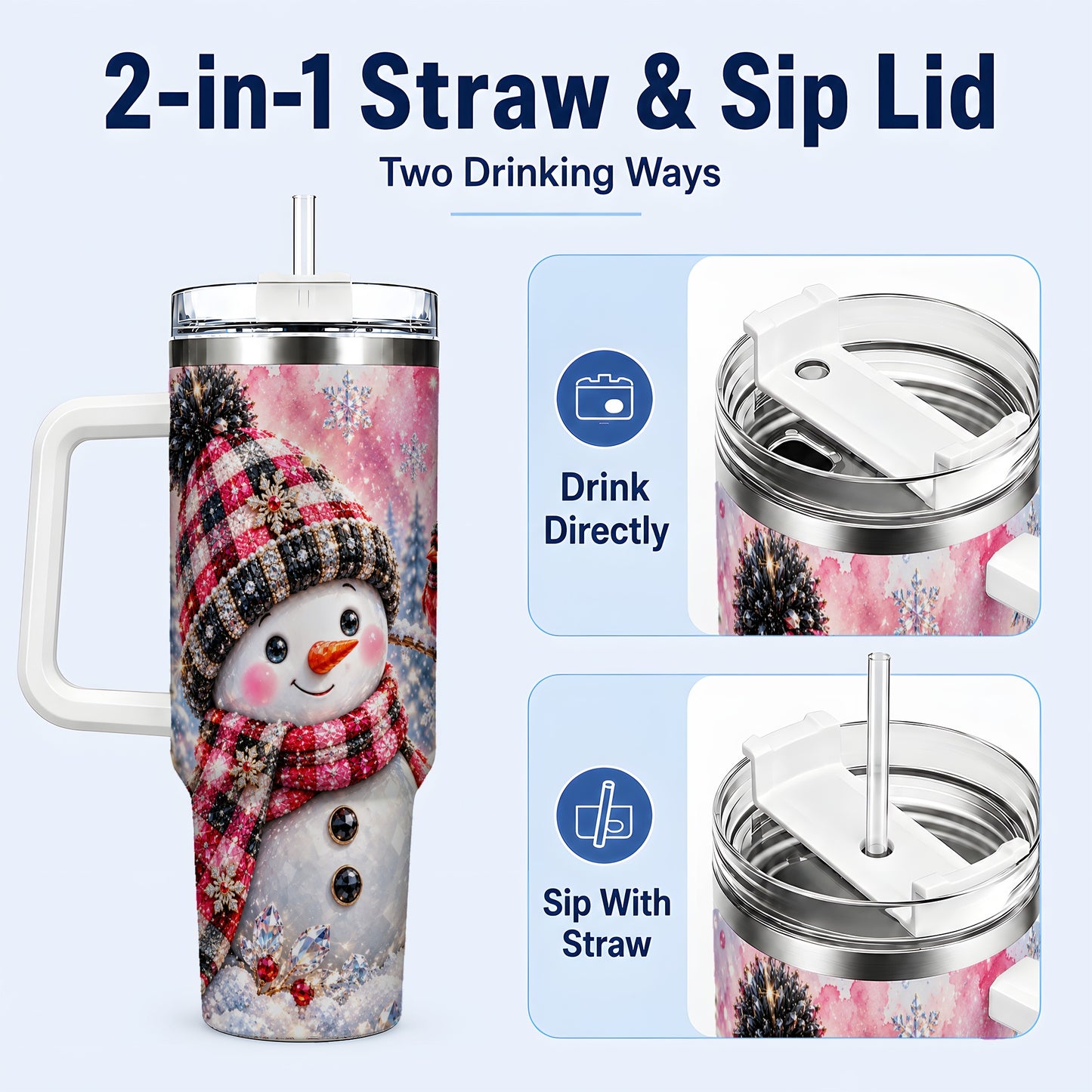 #pl[40oz|White] Jeweled Snowman 40oz Tumbler with Handle, Cardinal Winter Travel Cup