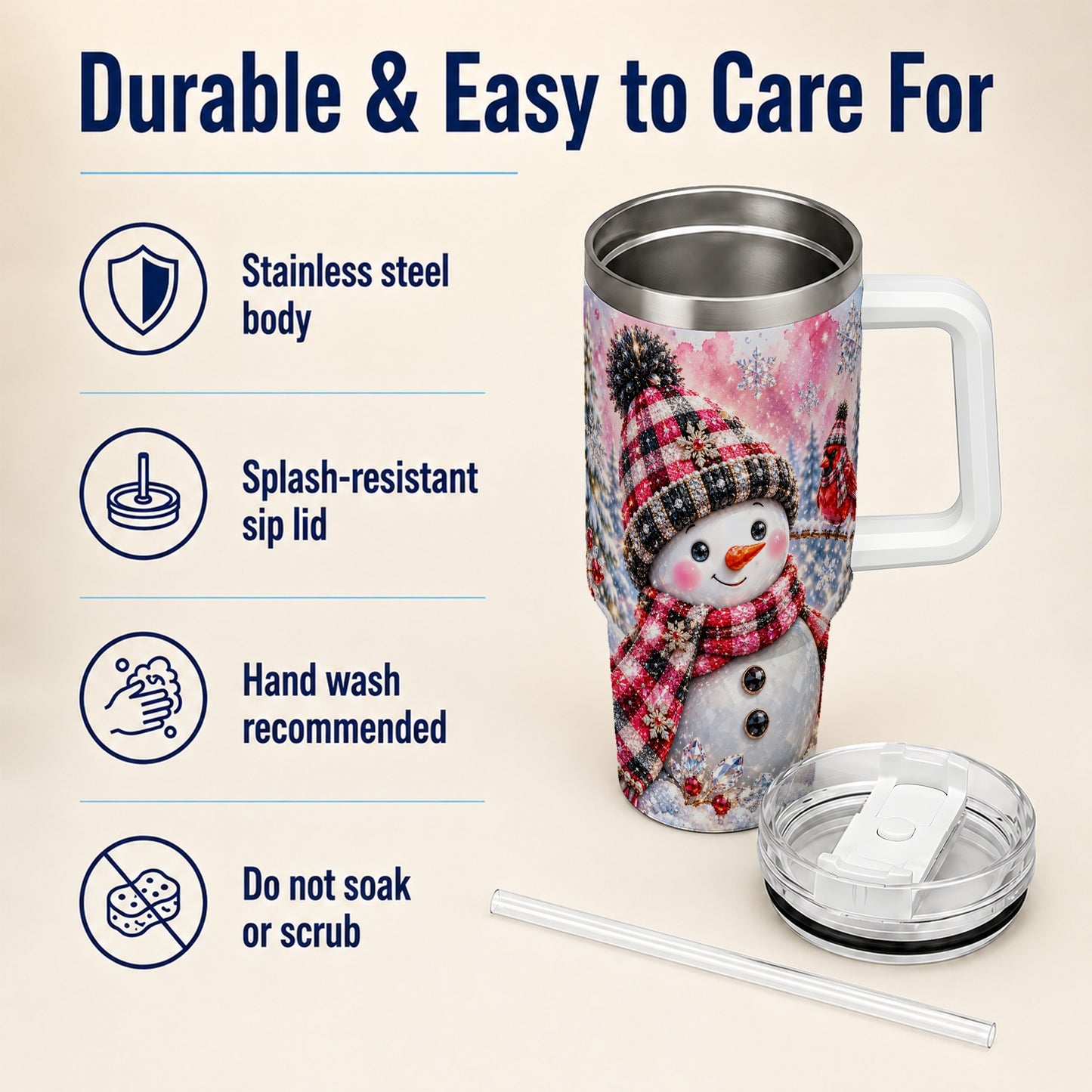 #pl[40oz|White] Jeweled Snowman 40oz Tumbler with Handle, Cardinal Winter Travel Cup