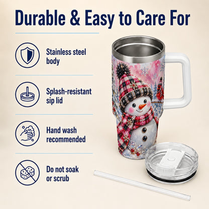 #pl[40oz|White] Jeweled Snowman 40oz Tumbler with Handle, Cardinal Winter Travel Cup