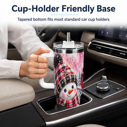 #pl[40oz|White] Jeweled Snowman 40oz Tumbler with Handle, Cardinal Winter Travel Cup