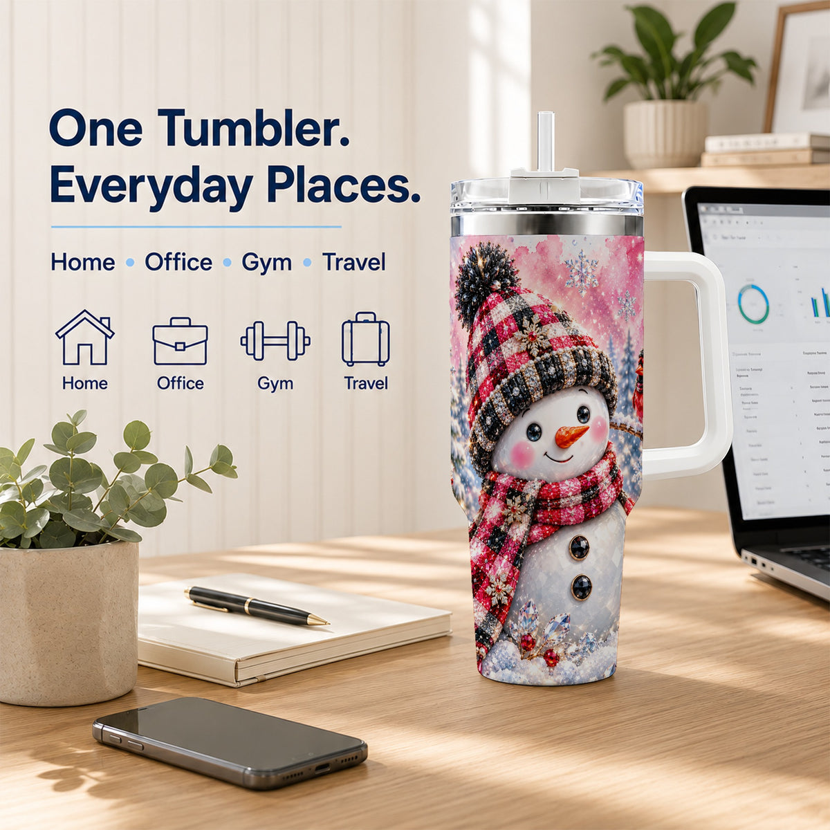 #pl[40oz|White] Jeweled Snowman 40oz Tumbler with Handle, Cardinal Winter Travel Cup