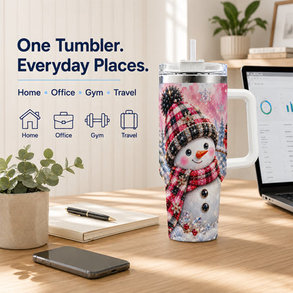 #pl[40oz|White] Jeweled Snowman 40oz Tumbler with Handle, Cardinal Winter Travel Cup