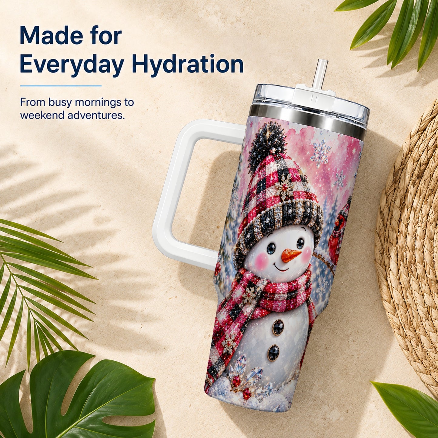 #pl[40oz|White] Jeweled Snowman 40oz Tumbler with Handle, Cardinal Winter Travel Cup